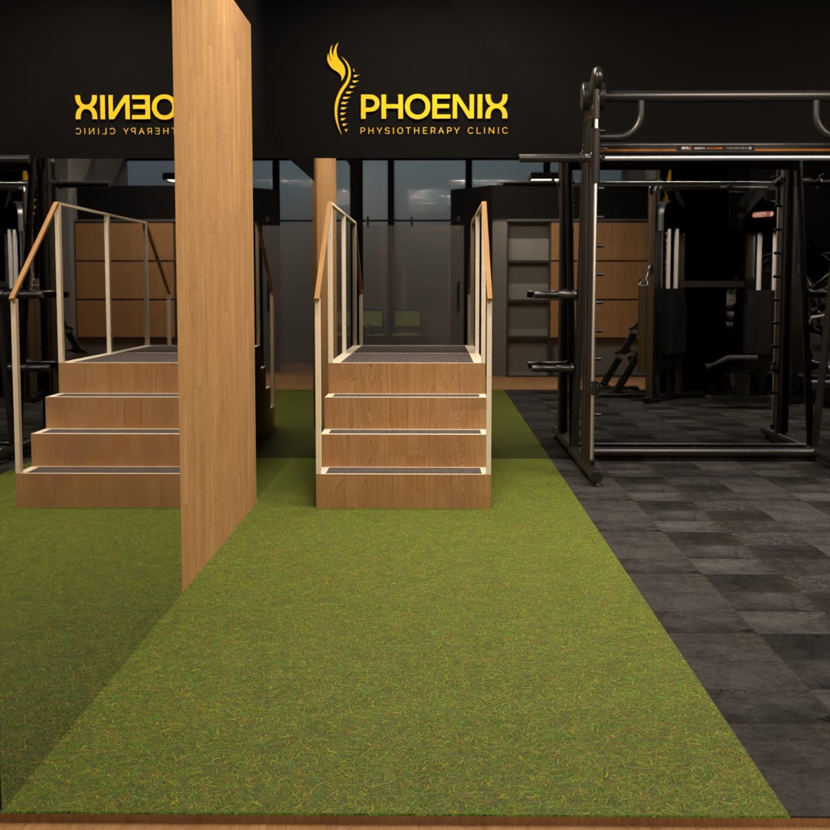 Phoenix rehab floor with training stairs, artificial turf and strength equipment