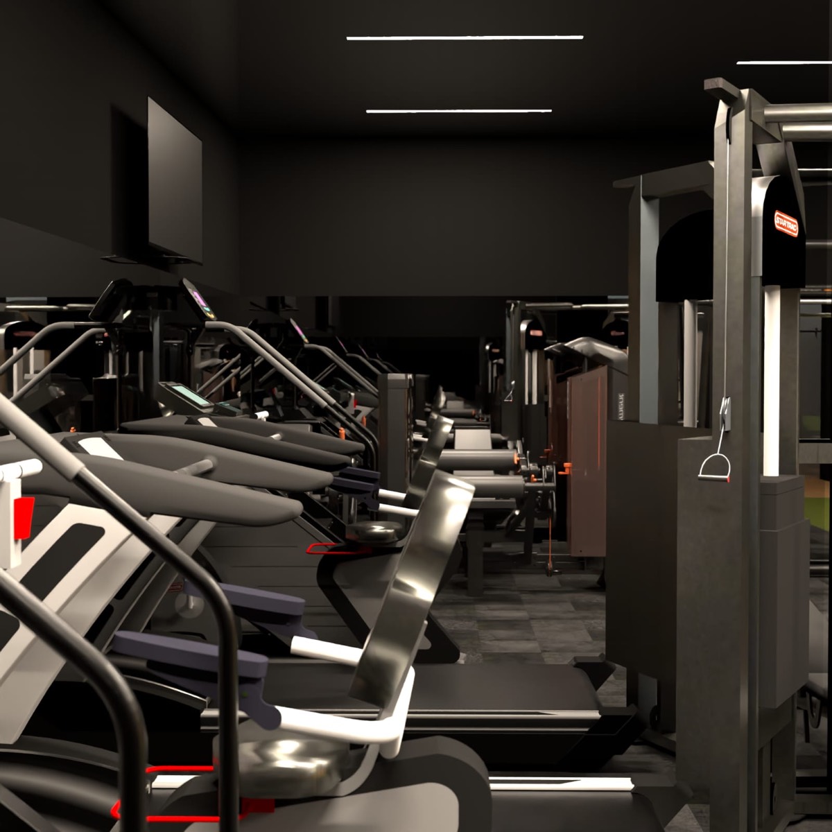 Row of cardio and strength machines in the dark-walled gym