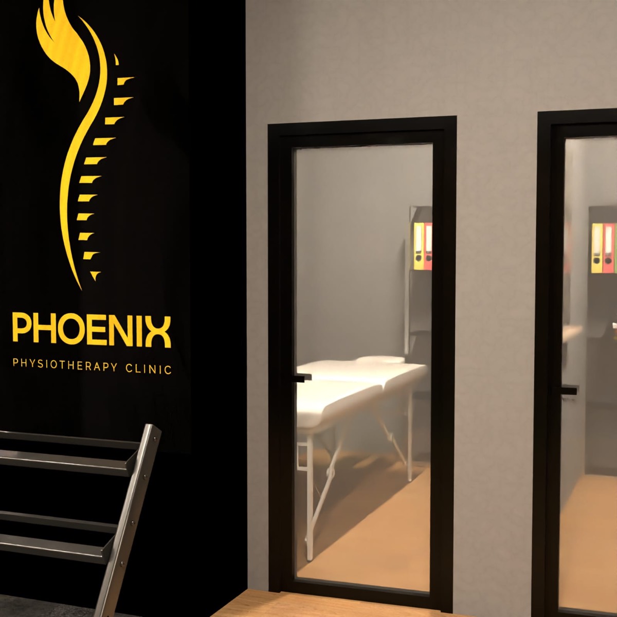 Phoenix logo wall next to glass doors into the treatment rooms